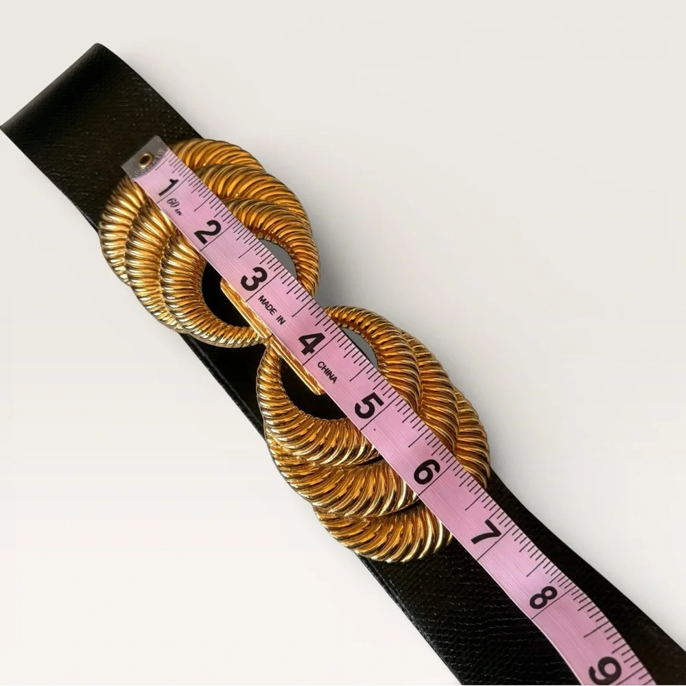 Vintage 90s Accessocraft Gold Belt Buckle w/ Black Snakeskin Leather Belt 29” - Picture 9 of 12